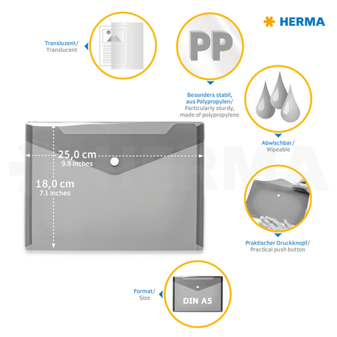 Transparante A5-houder van polypropyleen, afwasbaar, met drukknoopsluiting. Afmetingen: 25 cm x 18 cm. Ideaal voor documenten.