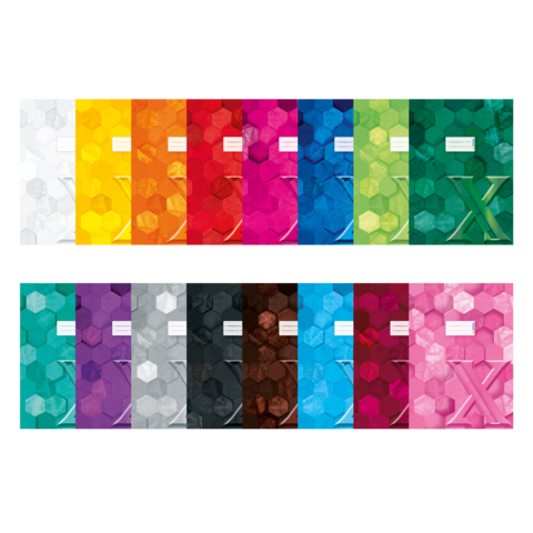 Eine Reihe von Heften in verschiedenen Farben, angeordnet in zwei Reihen, mit hexagonalen Mustern und einem großen "X" auf einigen Covern.