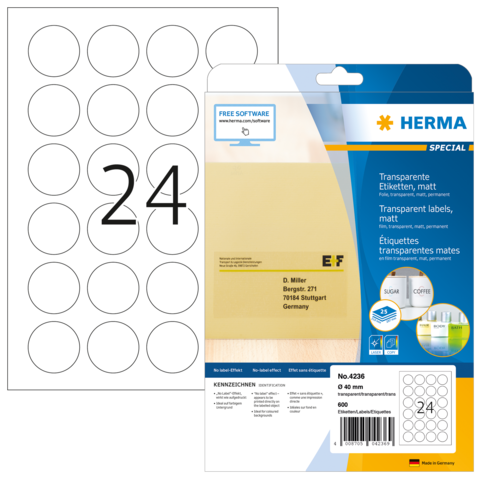 Transparente Etiketten auf einem Bogen mit 24 runden Aufklebern, verpackt von Herma, mit Informationen zur Nutzung und Software.