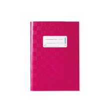 Rosa Notizbuch mit einem weißen Etikett auf der Vorderseite, das Platz für Beschriftungen bietet.