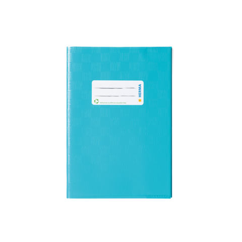 Blaues Notizbuch mit einer weißen Beschriftungsfläche auf der Vorderseite.