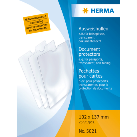 Transparente Ausweishüllen von Herma, geeignet für Reisepässe, dokumentenecht, 102 x 137 mm, 25 Stück pro Packung.