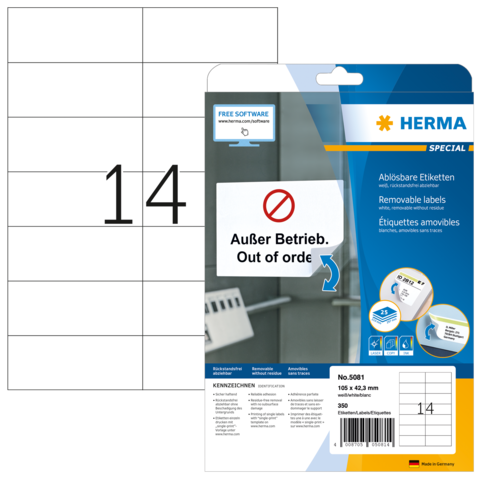 Packung mit ablösbaren Etiketten von Herma, mit der Aufschrift "Außer Betrieb. Out of order." und der Nummer 14.