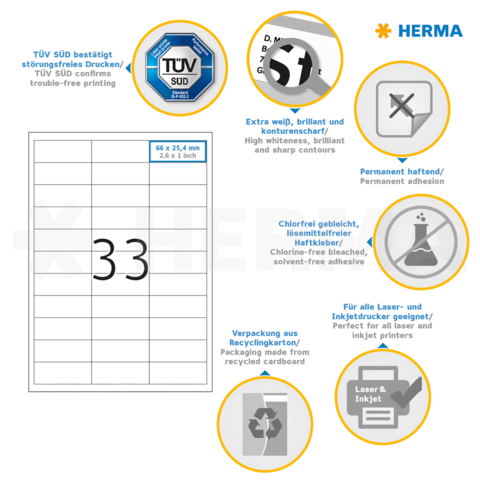TÜV SÜD bestätigt störungsfreies Drucken. Enthält Informationen zu Etiketten mit hoher Haftkraft, Recyclingverpackung und Eignung für Laser- und Inkjetdrucker.