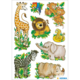 Bunte Tieraufkleber mit einer Giraffe, einem Löwen, zwei Bären, einer Schlange, einem Zebra, einem Elefanten und einem Nashorn, umgeben von Pflanzen.