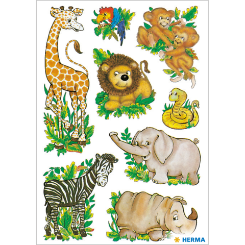 Bunte Tieraufkleber mit einer Giraffe, einem Löwen, zwei Bären, einer Schlange, einem Zebra, einem Elefanten und einem Nashorn, umgeben von Pflanzen.