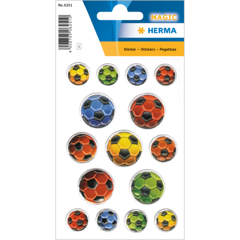 Bogen mit verschiedenen Fußball-Stickern in verschiedenen Farben und Designs, einschließlich Blau, Grün, Gelb, Orange und Rot.