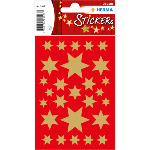 Rote Hintergrundkarte mit goldenen Sternstickern in verschiedenen Größen und Formen, geeignet für Dekoration und Bastelprojekte.