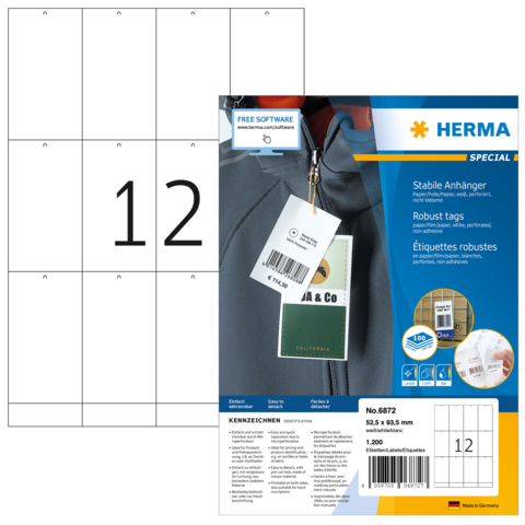 Ein Blatt mit nummerierten Etiketten, auf dem die Zahl 12 hervorgehoben ist. Im Hintergrund befindet sich die Verpackung von Herma mit Produktinformationen.