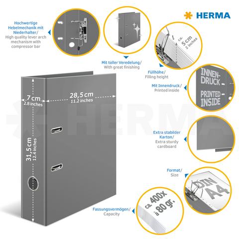 Grijze map met hefmechanisme, vulhoogte van 5 cm, binnenbedrukking en stevige kartonkwaliteit. Afmetingen: 31,5 cm x 28,5 cm x 7 cm.