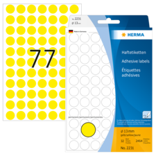 Gelbe Haftetiketten mit der Nummer 77, 13 mm Durchmesser, verpackt in einer Herma-Hülle. Enthält 32 Etiketten.