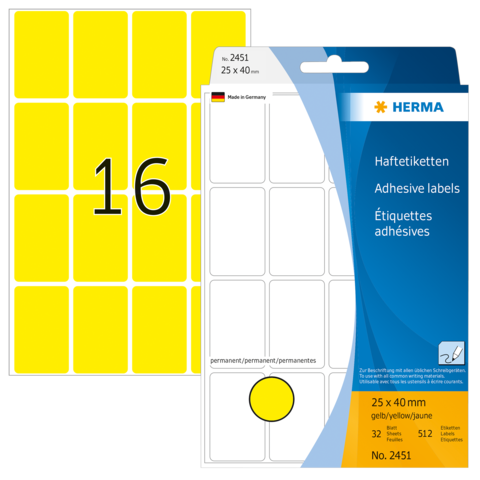Gelbe Haftetiketten mit der Nummer 16, verpackt in einer transparenten Hülle. Enthält 32 Etiketten in der Größe 25 x 40 mm.