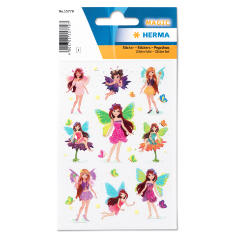 Glitzernde Feen-Sticker in verschiedenen Posen und Farben auf einem weißen Hintergrund, verpackt in einer transparenten Hülle.