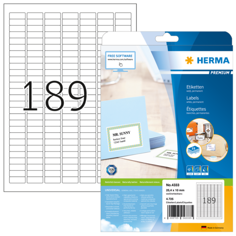 Etikettenpackung von Herma mit der Nummer 189, inklusive Beispieletiketten und Hinweis auf kostenlose Software zur Nutzung.