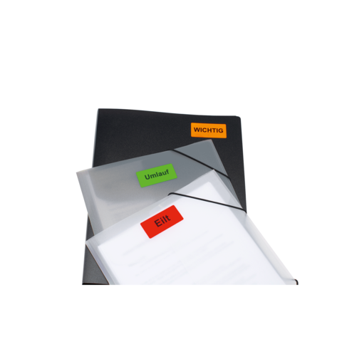 Schwarzes Ordner mit drei transparenten Hüllen, beschriftet mit "WICHTIG", "Umlauf" und "Elite". Dokumente sind sichtbar.
