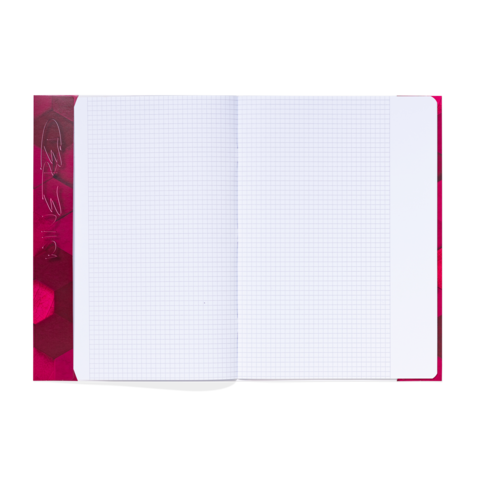 Ein offenes kariertes Notizbuch mit leeren Seiten und einem bunten, hexagonalen Randdesign.