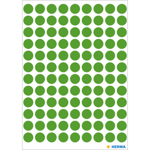 Grüne runde Aufkleber in gleichmäßiger Anordnung auf weißem Hintergrund.