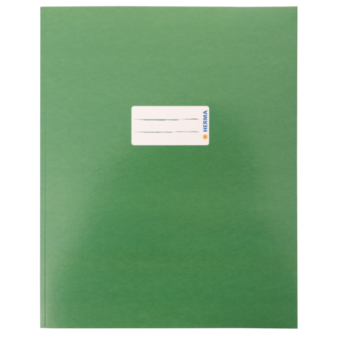 Grüner Ordner mit einem weißen Etikett auf der Vorderseite, das Platz für Beschriftungen bietet.