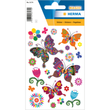 Bunte Aufkleber mit Schmetterlingen, Blumen und dekorativen Mustern in verschiedenen Farben und Designs.
