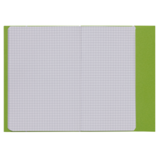 Ein offenes kariertes Heft mit grüner Umschlagseite, das leere Kästchen auf beiden Seiten zeigt.