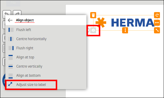 Menu voor het uitlijnen van objecten met opties zoals "Links uitlijnen" en "Grootte aanpassen aan label", naast het woord "HERMA".