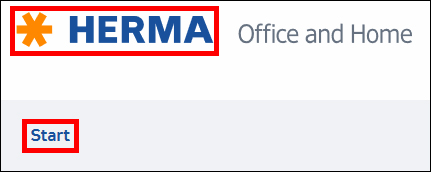 Logo van HERMA met de tekst 'Kantoor en Thuis' en een uitgelichte knop 'Start'.