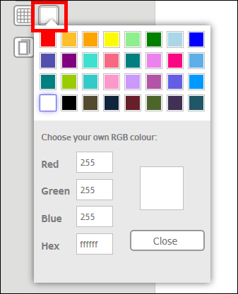 Kleurkeuzvenster met verschillende kleur opties en RGB-waarden voor het aanpassen van kleuren. Knop om het venster te sluiten.