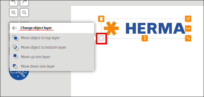 Menu voor het wijzigen van het objectniveau met opties om objecten te verplaatsen in een grafisch ontwerpprogramma. Het woord "HERMA" is benadrukt.