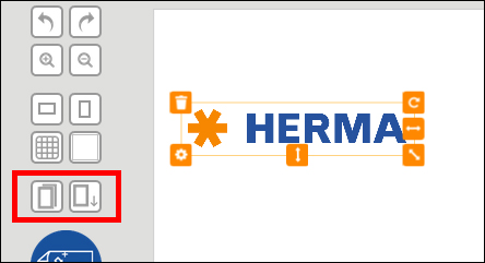 Het HERMA-logo in blauwe letters met een oranje stersymbool, omringd door verschillende bewerkingsgereedschappen aan de linkerkant.