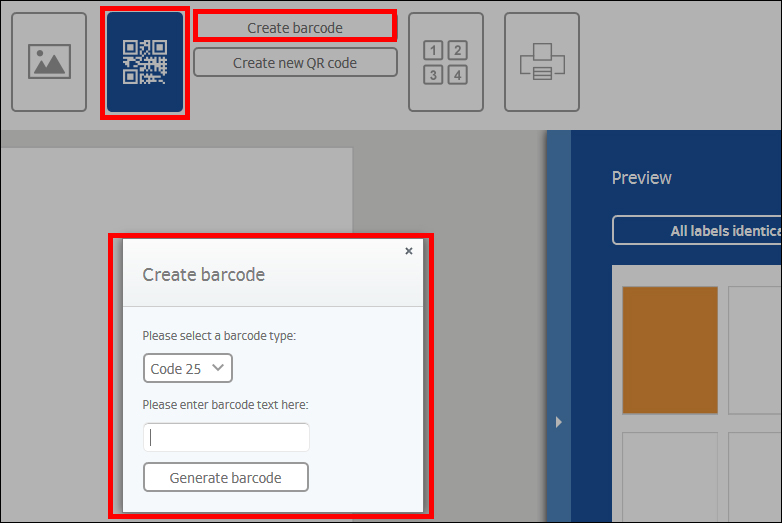 Een venster voor het aanmaken van een barcode toont opties voor het kiezen van het type barcode en invoervelden voor de barcode-tekst.