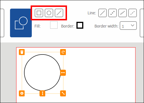 Werkbalk met opties voor het tekenen van vormen, waaronder vierkant, rechthoek en lijn, evenals een lege cirkel in het midden.