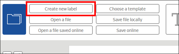 Knoppen voor bestandsbeheer, waaronder 'Nieuw label aanmaken', 'Bestand openen' en 'Online opslaan'.