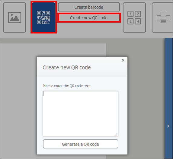 Venster voor het aanmaken van een nieuwe QR-code met een invoerveld voor de QR-code-tekst en een knop om de code te genereren.