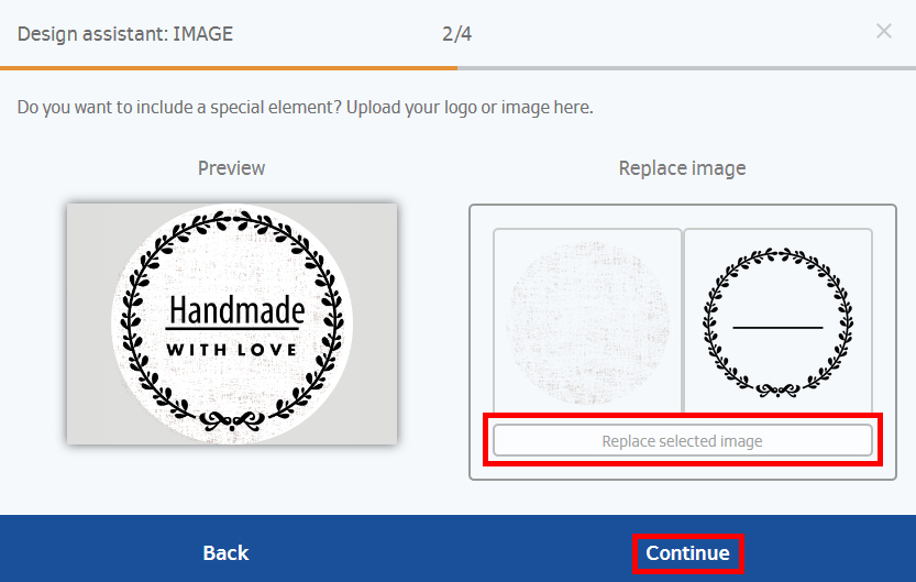 Een ronde sticker met de tekst "Handgemaakt met Liefde", omringd door een decoratieve krans. De knop "Doorgaan" is gemarkeerd.
