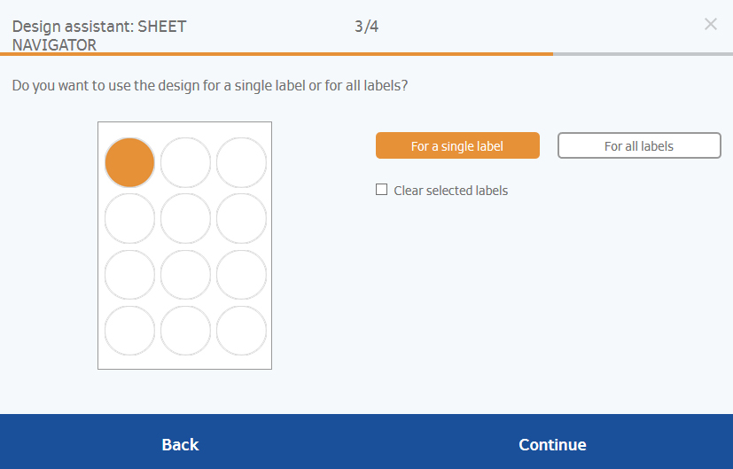 Ontwerphulp met keuzemogelijkheden voor etiketten. Kies tussen 'Voor één etiket' of 'Voor alle etiketten'.