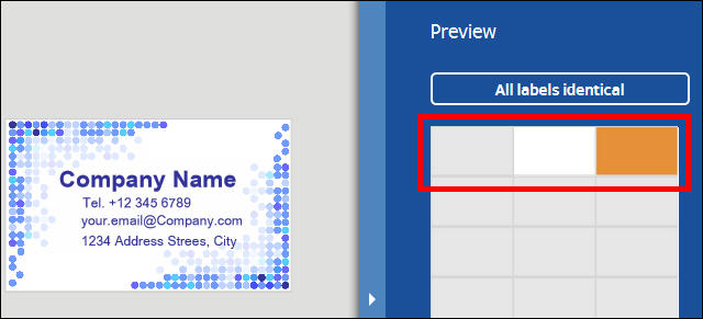Visitekaartje met bedrijfsinformatie, inclusief naam, telefoonnummer en adres, naast een voorbeeld van etiketten.