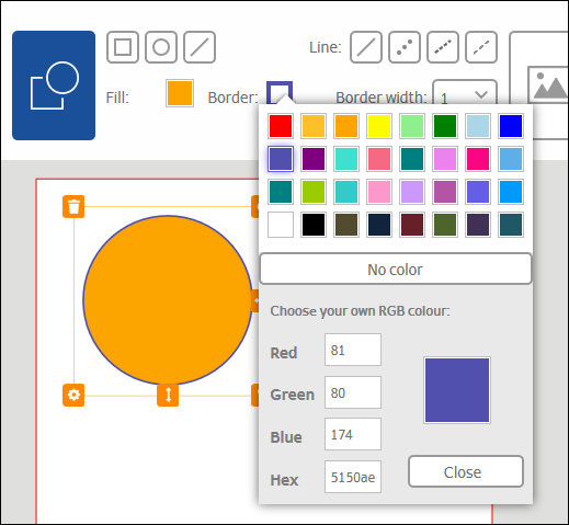 Een oranje cirkel wordt weergegeven in een grafische gebruikersinterface, samen met kleurkeuzes en RGB-waardevelden.