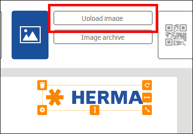Knop om afbeeldingen te uploaden met de tekst 'HERMA' en verschillende symbolen eronder.