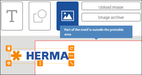 Een gebruikersinterfacegebied toont het woord "HERMA" en een waarschuwing dat een deel van het ontwerp buiten het afdrukbare gebied ligt.