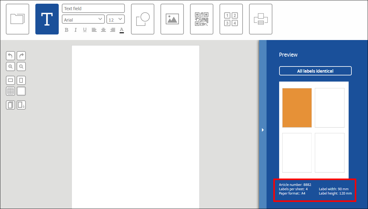 Vooruitblik op een etiketontwerptool met lege etiketten en details over artikelnummer, etiketgrootte en papierformaat.