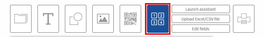 Knop met vier blauwe vakjes, omringd door andere symbolen voor verschillende functies zoals bestand-upload en QR-code.