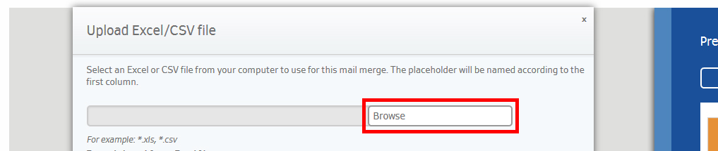 Veld om een Excel- of CSV-bestand te uploaden met een gemarkeerde "Bladeren"-knop. Instructies voor het selecteren van het bestand zijn zichtbaar.