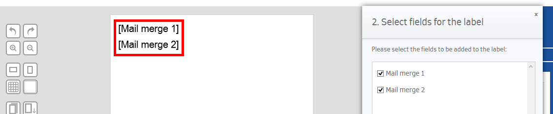 Twee rood omrande velden voor de mailmerge, gelabeld met 'Mail merge 1' en 'Mail merge 2', in een documentbewerkingsprogramma.