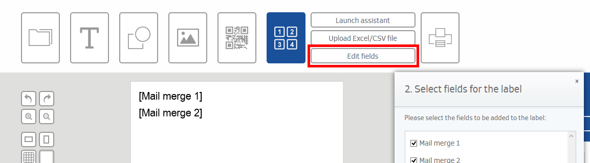 Gebruikersinterface met opties voor het uploaden van bestanden en het bewerken van velden voor een seriebrief. De knop 'Velden bewerken' is gemarkeerd.