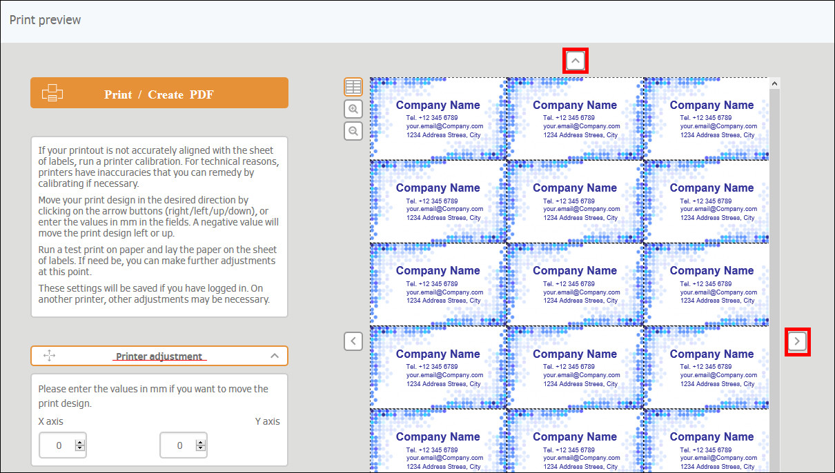 Afdrukvoorbeeld met meerdere visitekaartjes die de ruimte voor de bedrijfsnaam tonen. Opties voor drukaanpassing zijn aan de linkerkant zichtbaar.