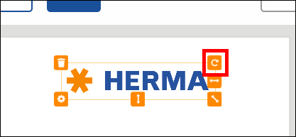 Het woord "HERMA" in blauwe letters, omringd door oranje symbolen, met daaronder een rood "C" in een vakje.