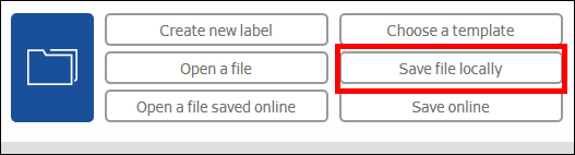 Knop "Bestand lokaal opslaan" gemarkeerd om bestanden op de computer op te slaan. Verdere opties zijn "Nieuw label aanmaken" en "Sjabloon kiezen".