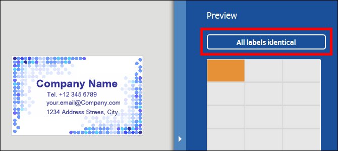 Visitekaartje met bedrijfsnaam, contactgegevens en adres. Aan de rechterkant een voorbeeld met de optie 'Alle etiketten identiek'.