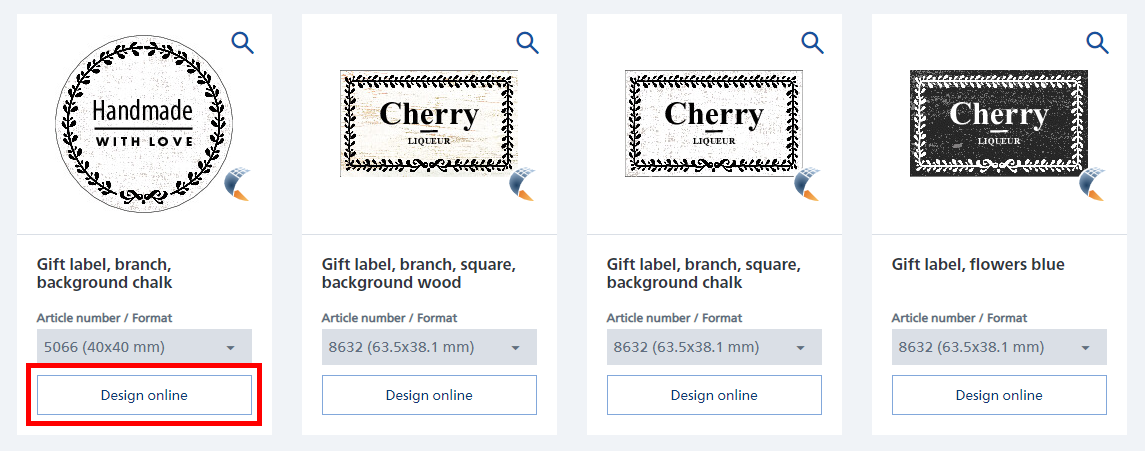 Geschenkanhangers met verschillende ontwerpen: 'Handgemaakt met liefde', 'Kers' en bloemenpatroon. Optie voor online ontwerp.